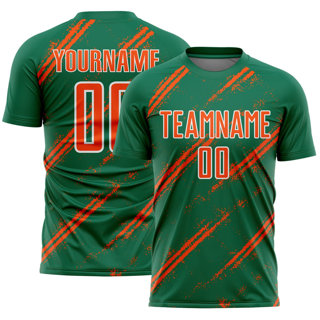 Custom Kelly Green Orange-White Abstract Fragment Art Splash Sublimation Soccer Uniform Jersey