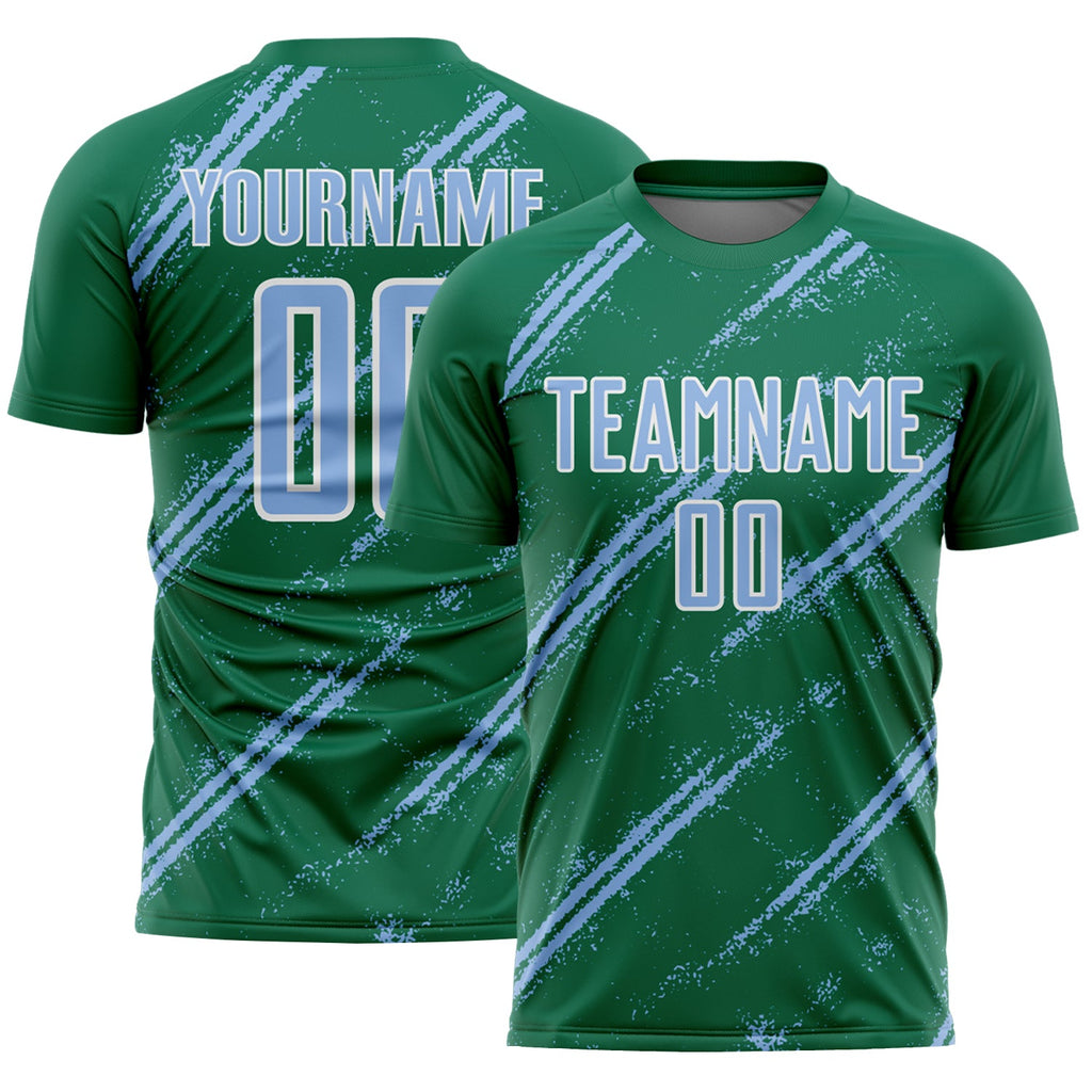 Custom Kelly Green Light Blue-White Abstract Fragment Art Splash Sublimation Soccer Uniform Jersey