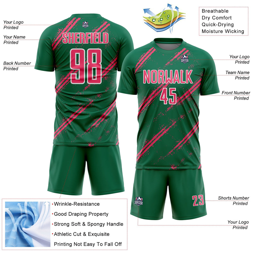 Custom Kelly Green Neon Pink-White Abstract Fragment Art Splash Sublimation Soccer Uniform Jersey