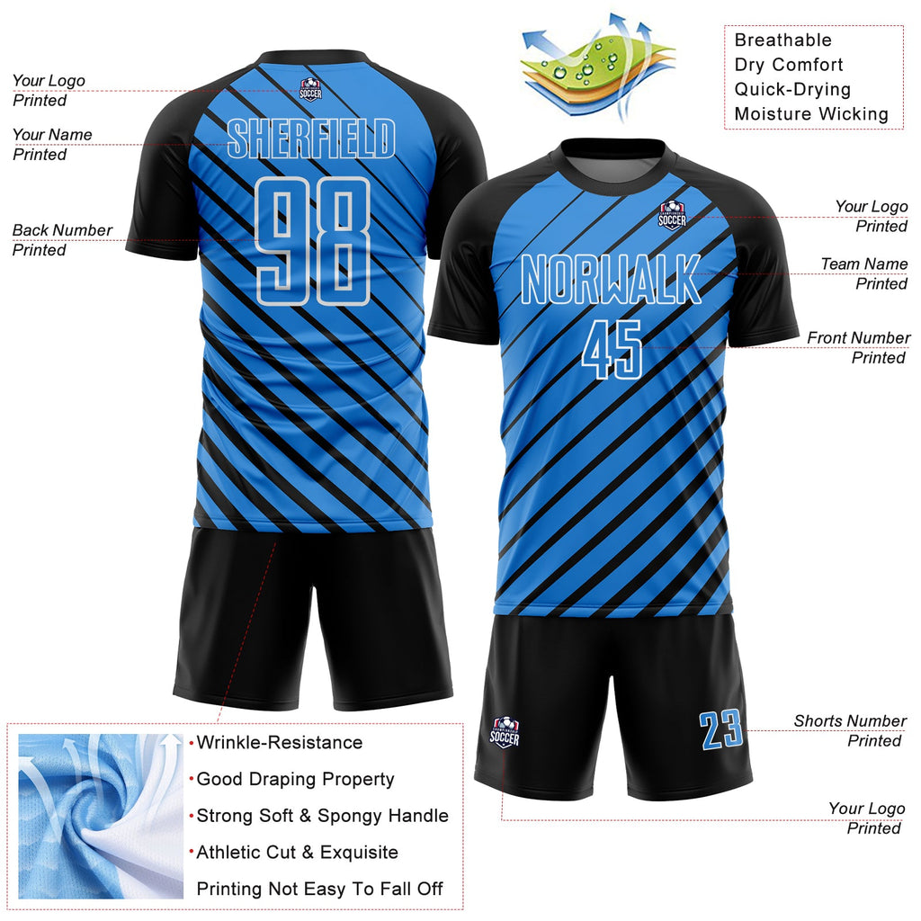 Custom Black Powder Blue-White Lines Sublimation Soccer Uniform Jersey