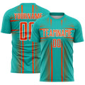 Custom Aqua Orange-White Lines Sublimation Soccer Uniform Jersey