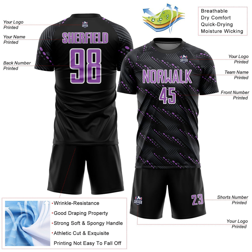 Custom Black Medium Purple-White Slant Lines Sports Sublimation Soccer Uniform Jersey