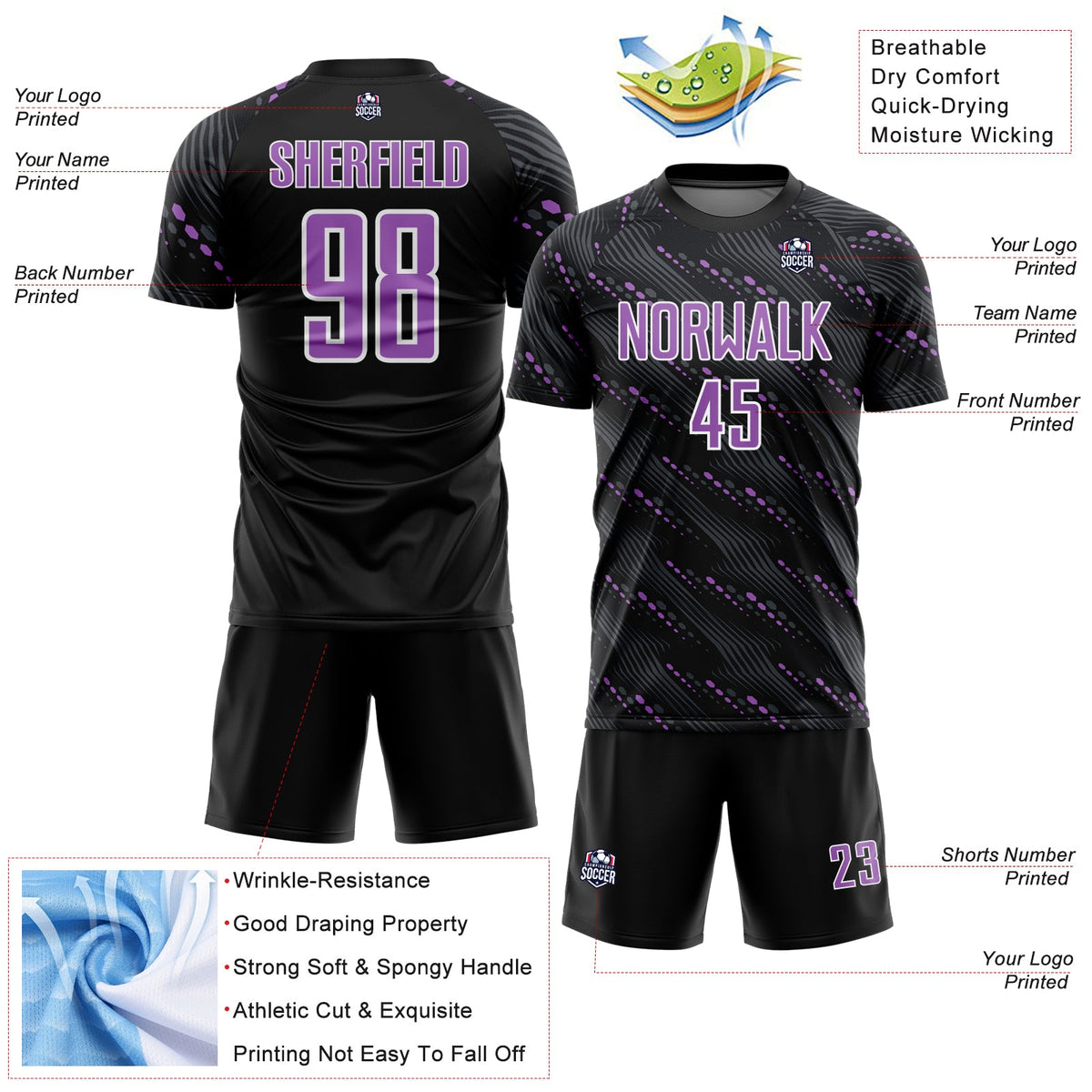 Custom Black Medium Purple-White Slant Lines Sports Sublimation Soccer Uniform Jersey