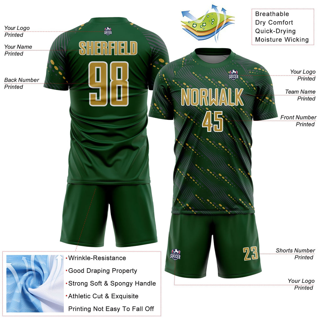 Custom Green Old Gold-White Slant Lines Sports Sublimation Soccer Uniform Jersey