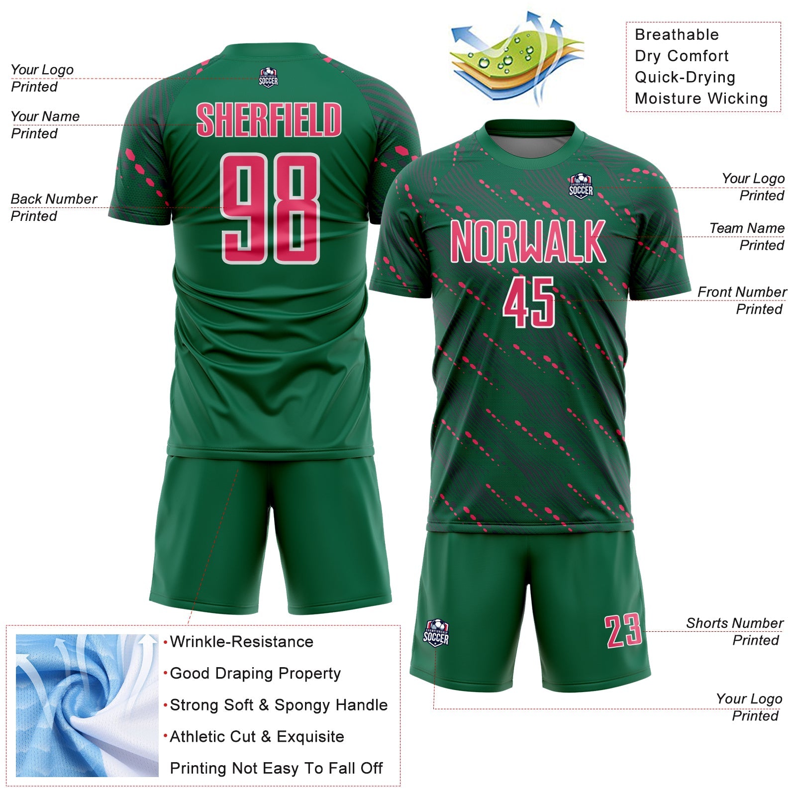 Custom Kelly Green Neon Pink-White Slant Lines Sports Sublimation Soccer Uniform Jersey