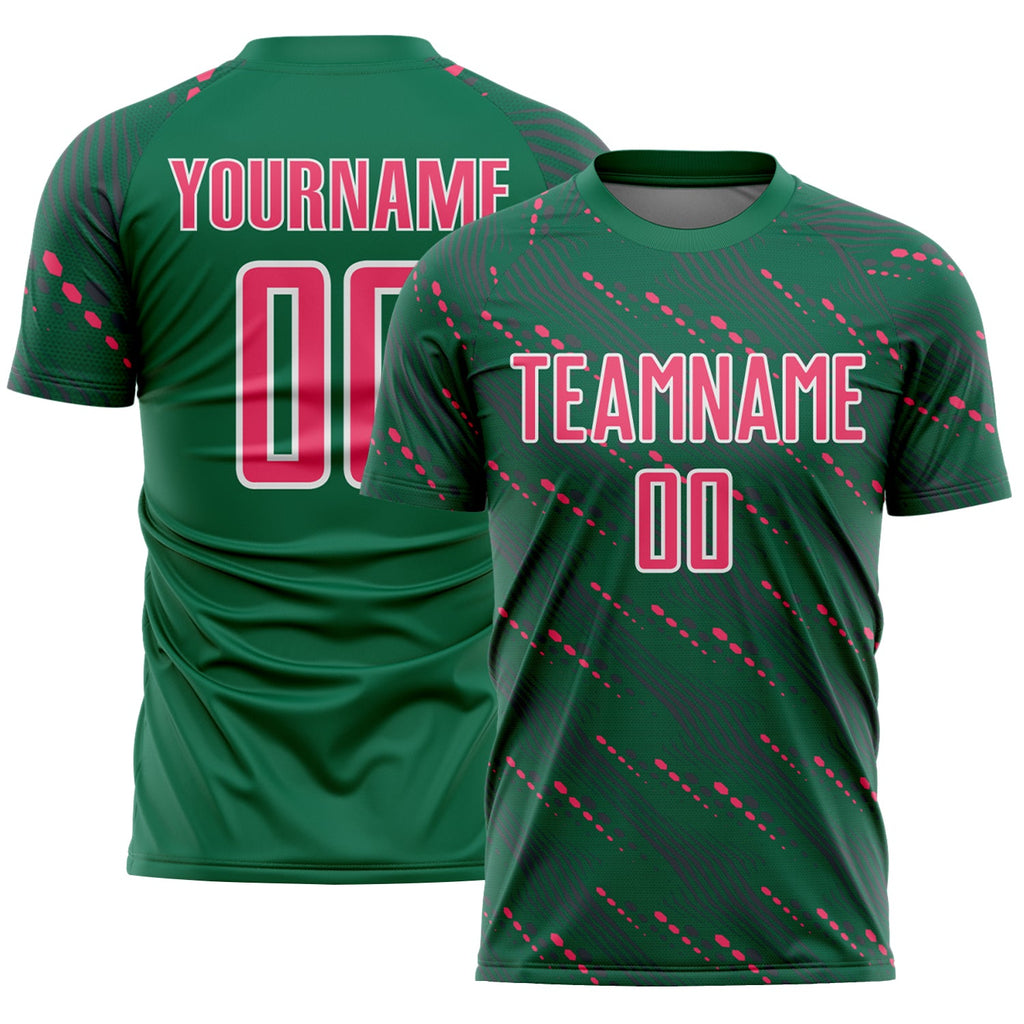 Custom Kelly Green Neon Pink-White Slant Lines Sports Sublimation Soccer Uniform Jersey