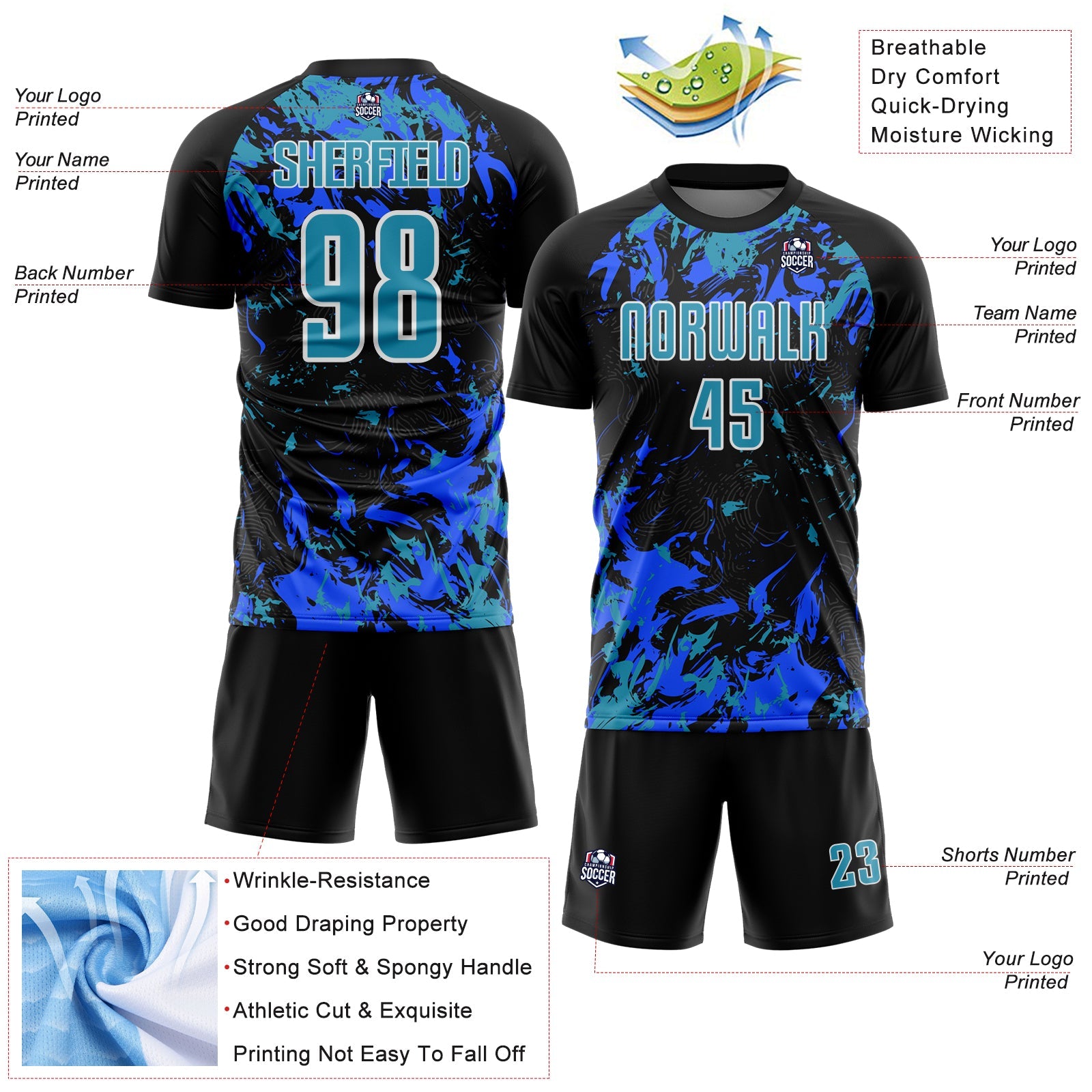Custom Black Panther Blue Royal-White Fluid Art Splash Sublimation Soccer Uniform Jersey