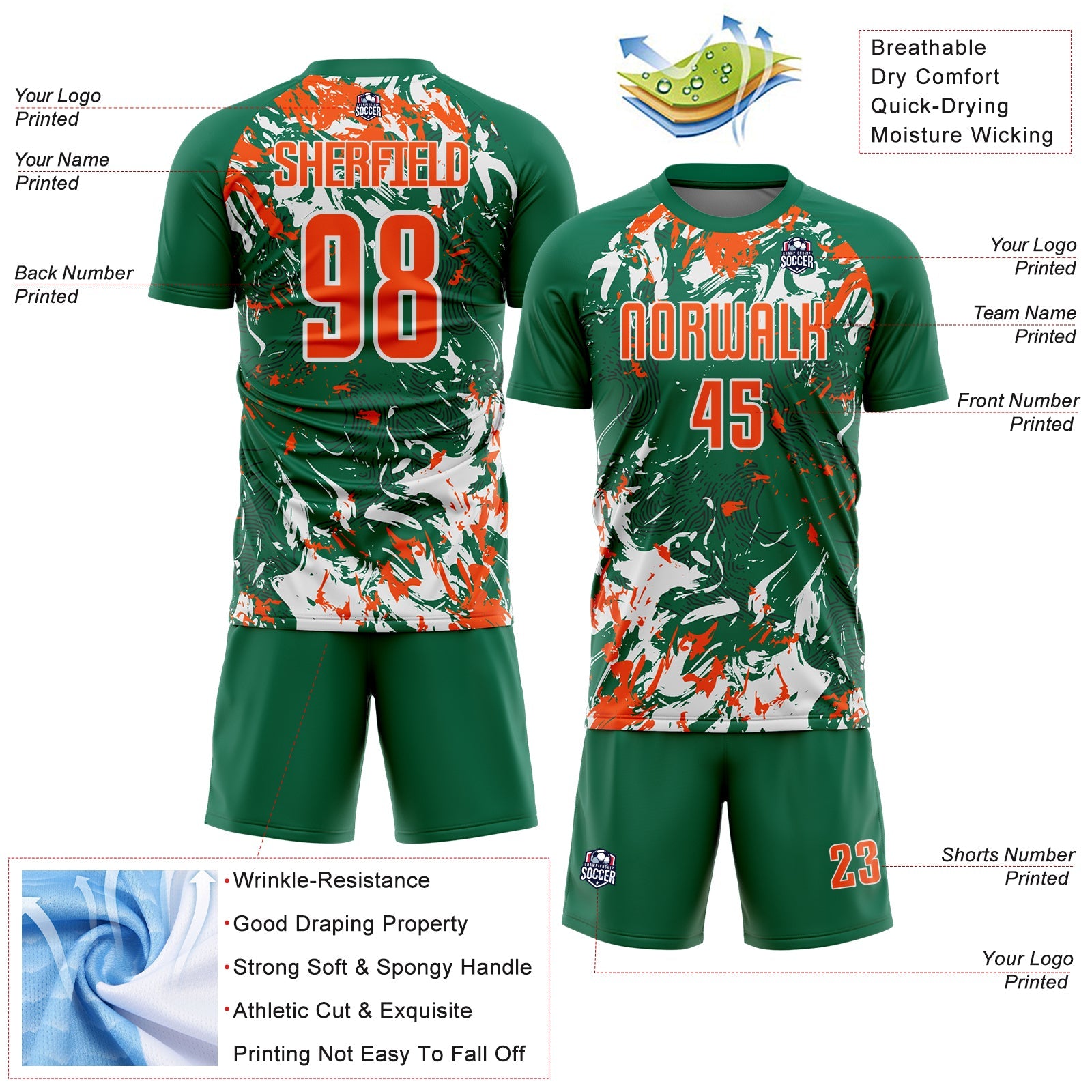 Custom Kelly Green Orange-White Fluid Art Splash Sublimation Soccer Uniform Jersey