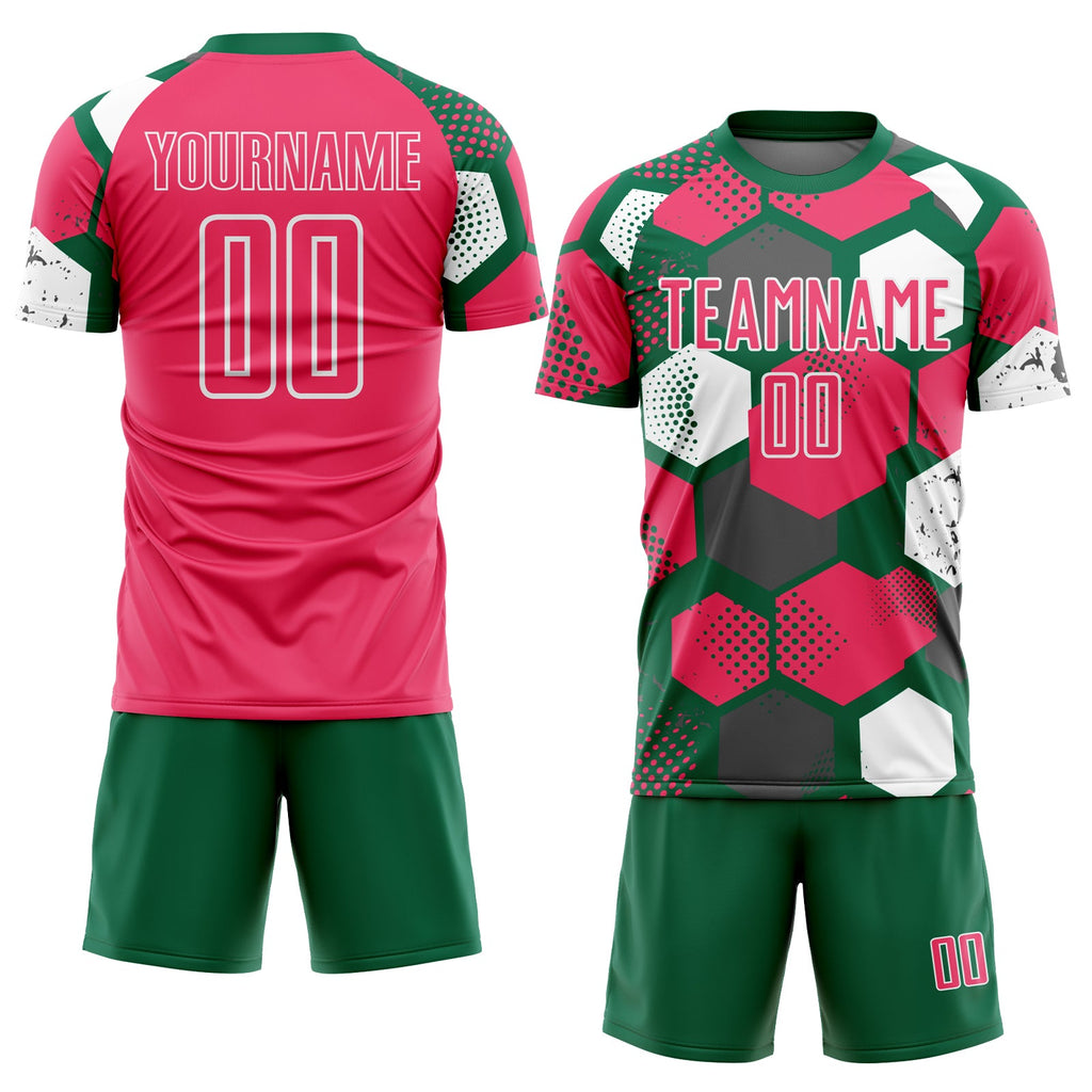 Custom Kelly Green Neon Pink-White Geometric Shape Sublimation Soccer Uniform Jersey