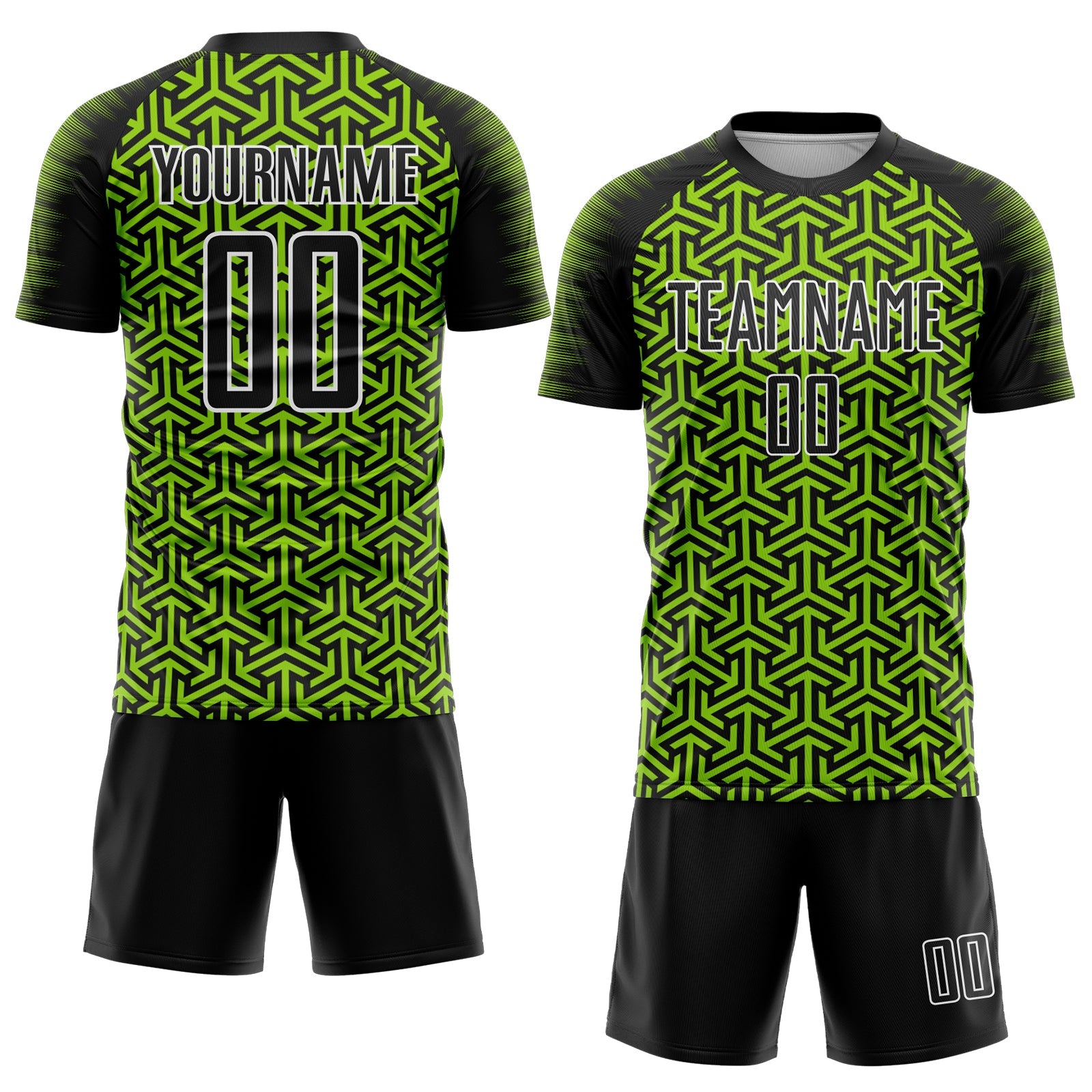 Custom Black Neon Green-White Geometric Arrow Sublimation Soccer Uniform Jersey