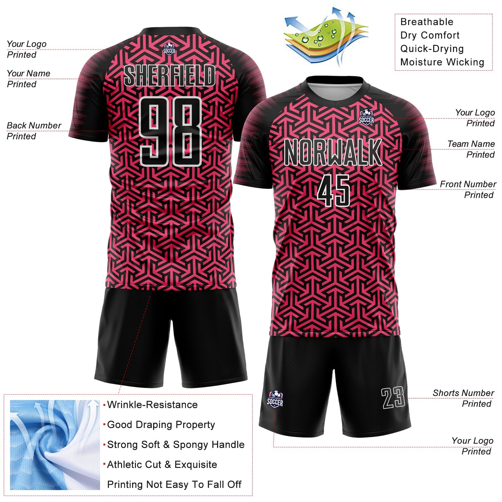 Custom Black Neon Pink-White Geometric Arrow Sublimation Soccer Uniform Jersey