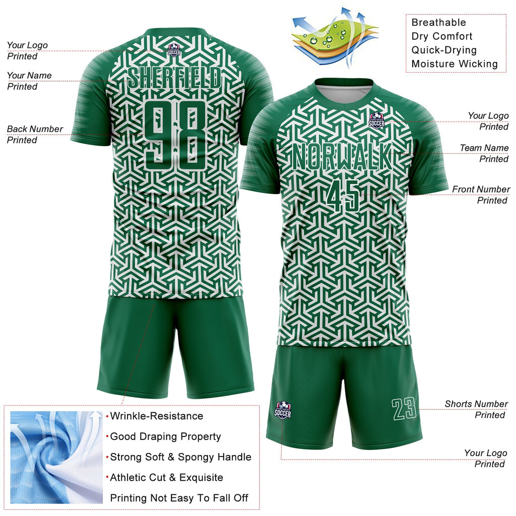 Custom Kelly Green White Geometric Arrow Sublimation Soccer Uniform Jersey