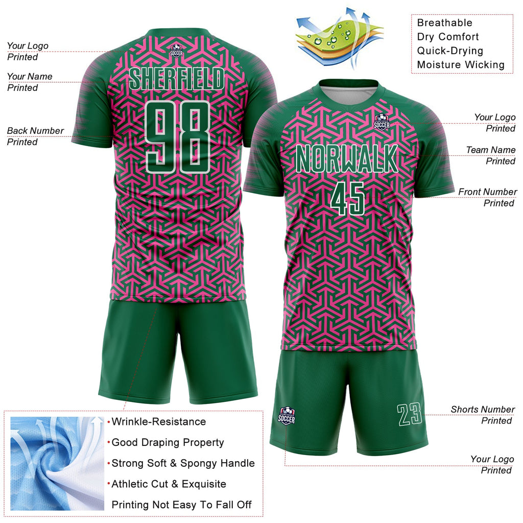 Custom Kelly Green Pink-White Geometric Arrow Sublimation Soccer Uniform Jersey