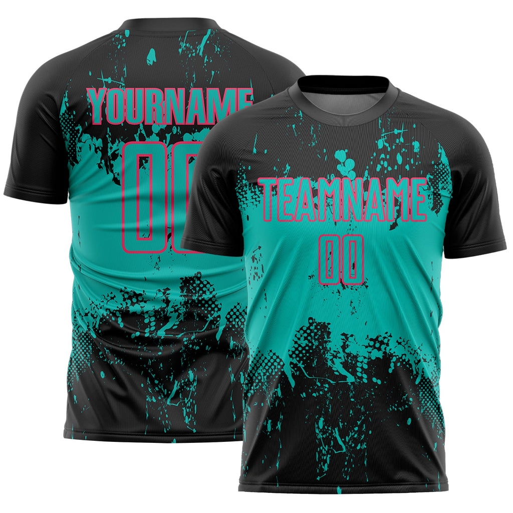 Custom Black Aqua-Neon Pink Abstract Splatter Grunge Art Sports Sublimation Soccer Uniform Jersey