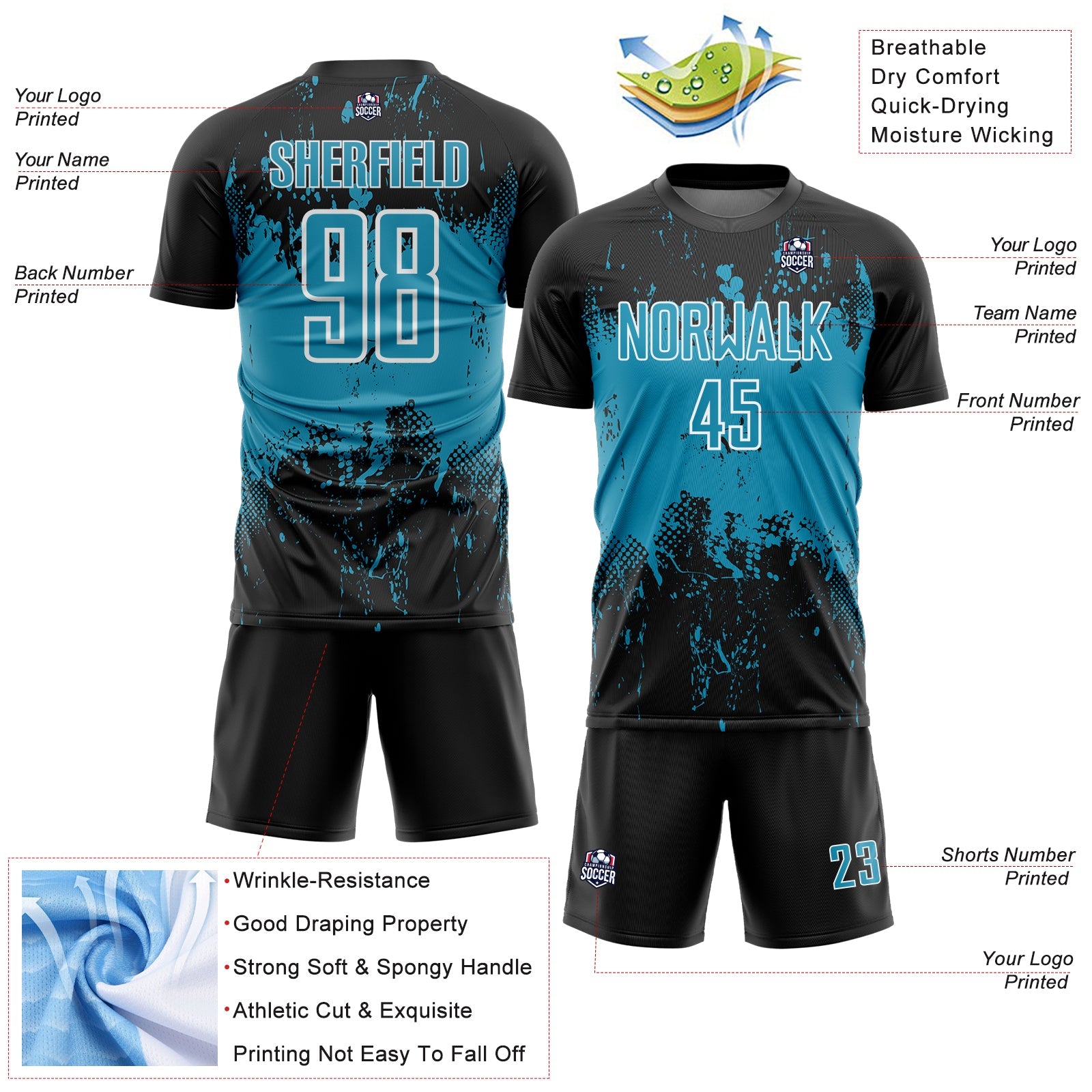 Custom Black Panther Blue-White Abstract Splatter Grunge Art Sports Sublimation Soccer Uniform Jersey