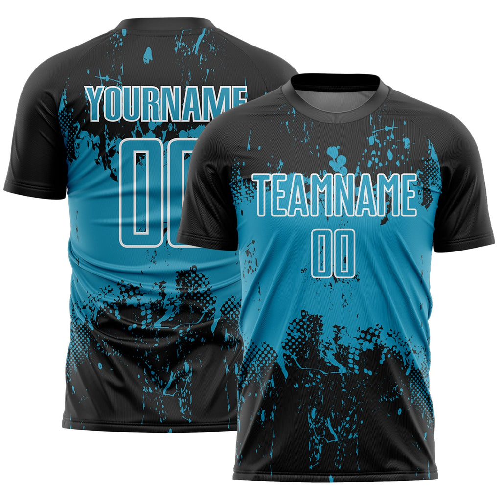 Custom Black Panther Blue-White Abstract Splatter Grunge Art Sports Sublimation Soccer Uniform Jersey