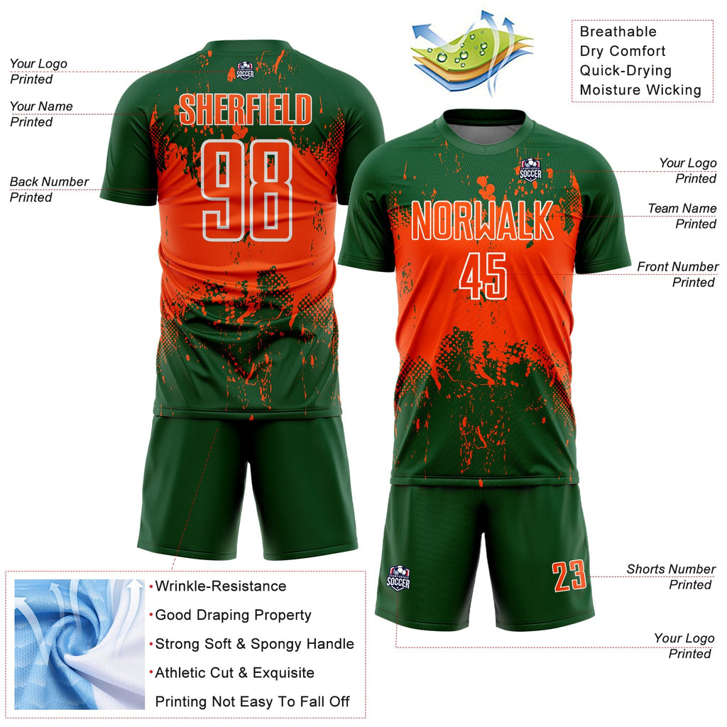 Custom Green Orange-White Abstract Splatter Grunge Art Sports Sublimation Soccer Uniform Jersey