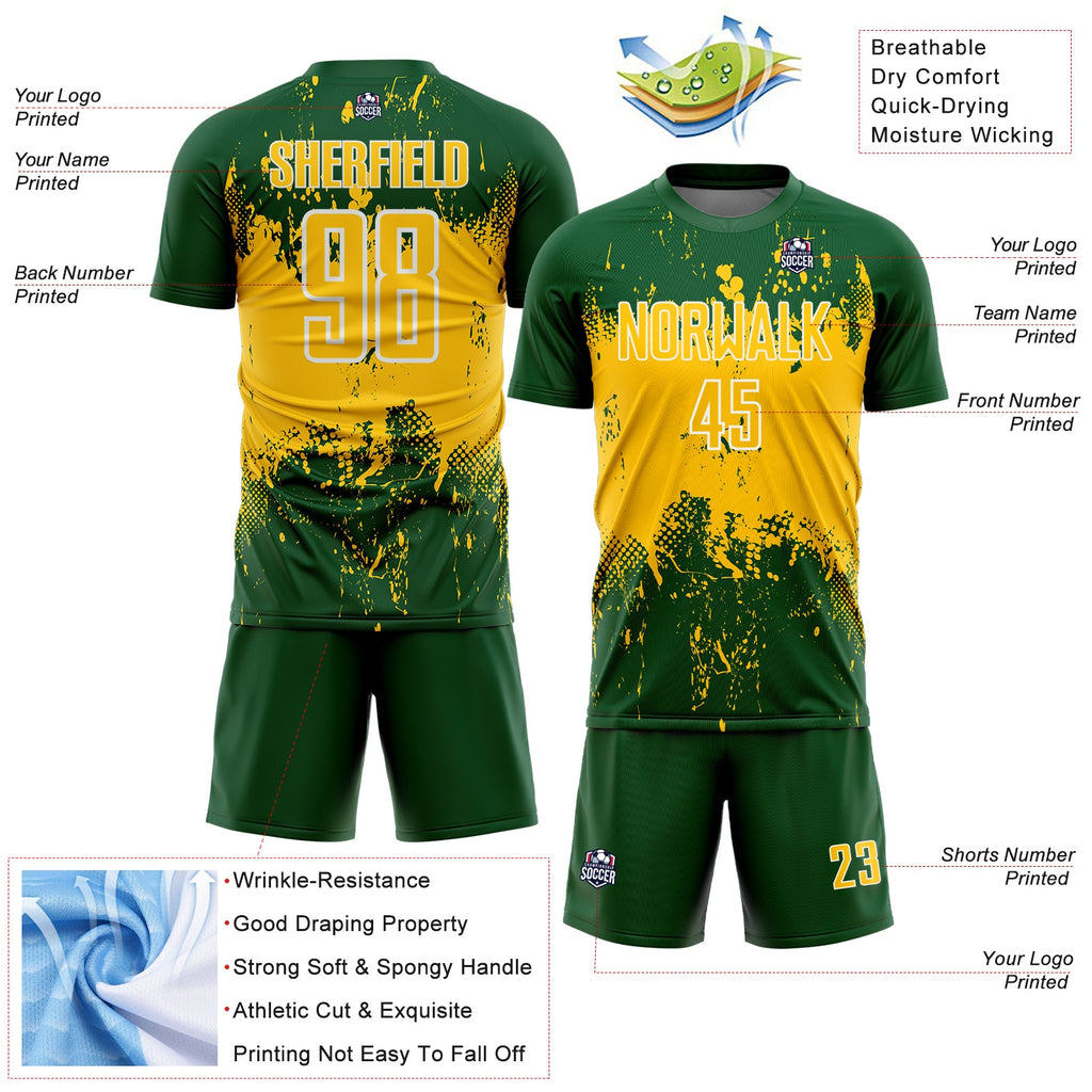 Custom Green Yellow-White Abstract Splatter Grunge Art Sports Sublimation Soccer Uniform Jersey