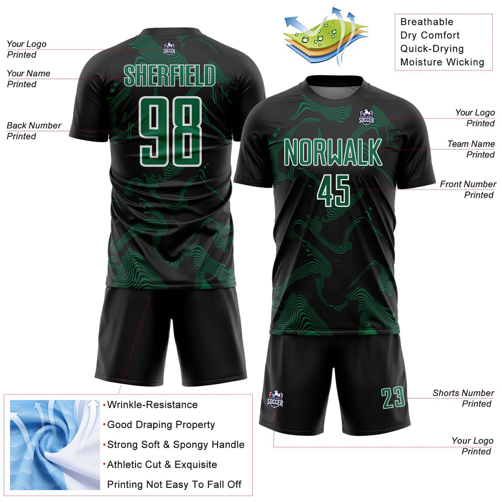 Custom Black Kelly Green-White Curve Lines Sports Sublimation Soccer Uniform Jersey