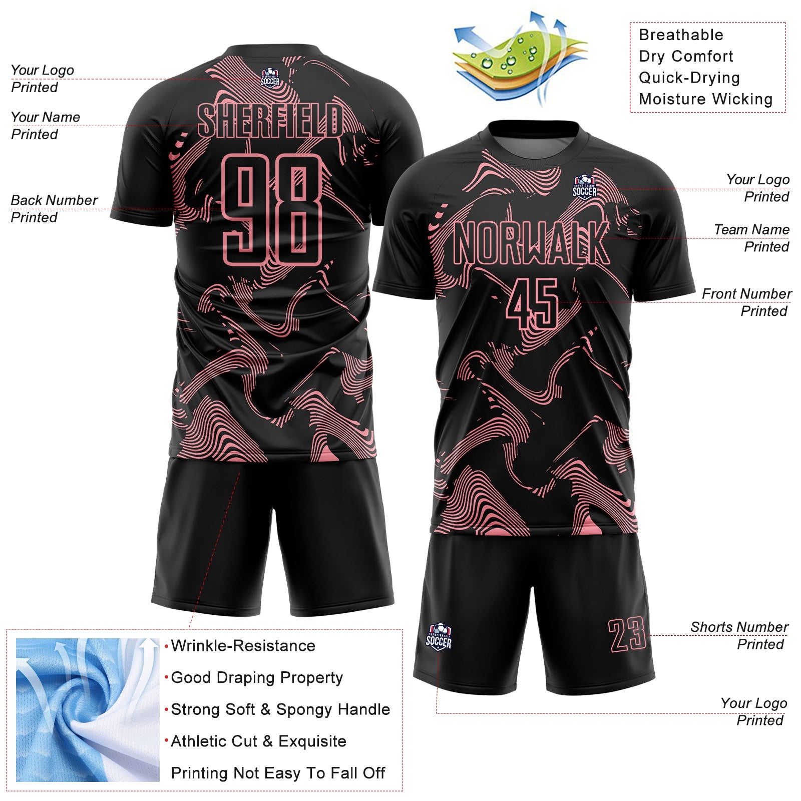 Custom Black Medium Pink Curve Lines Sports Sublimation Soccer Uniform Jersey
