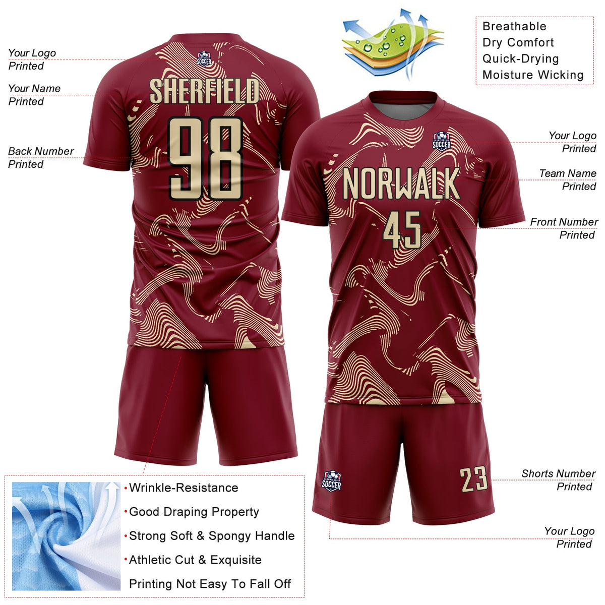 Custom Crimson Cream-Black Curve Lines Sports Sublimation Soccer Uniform Jersey
