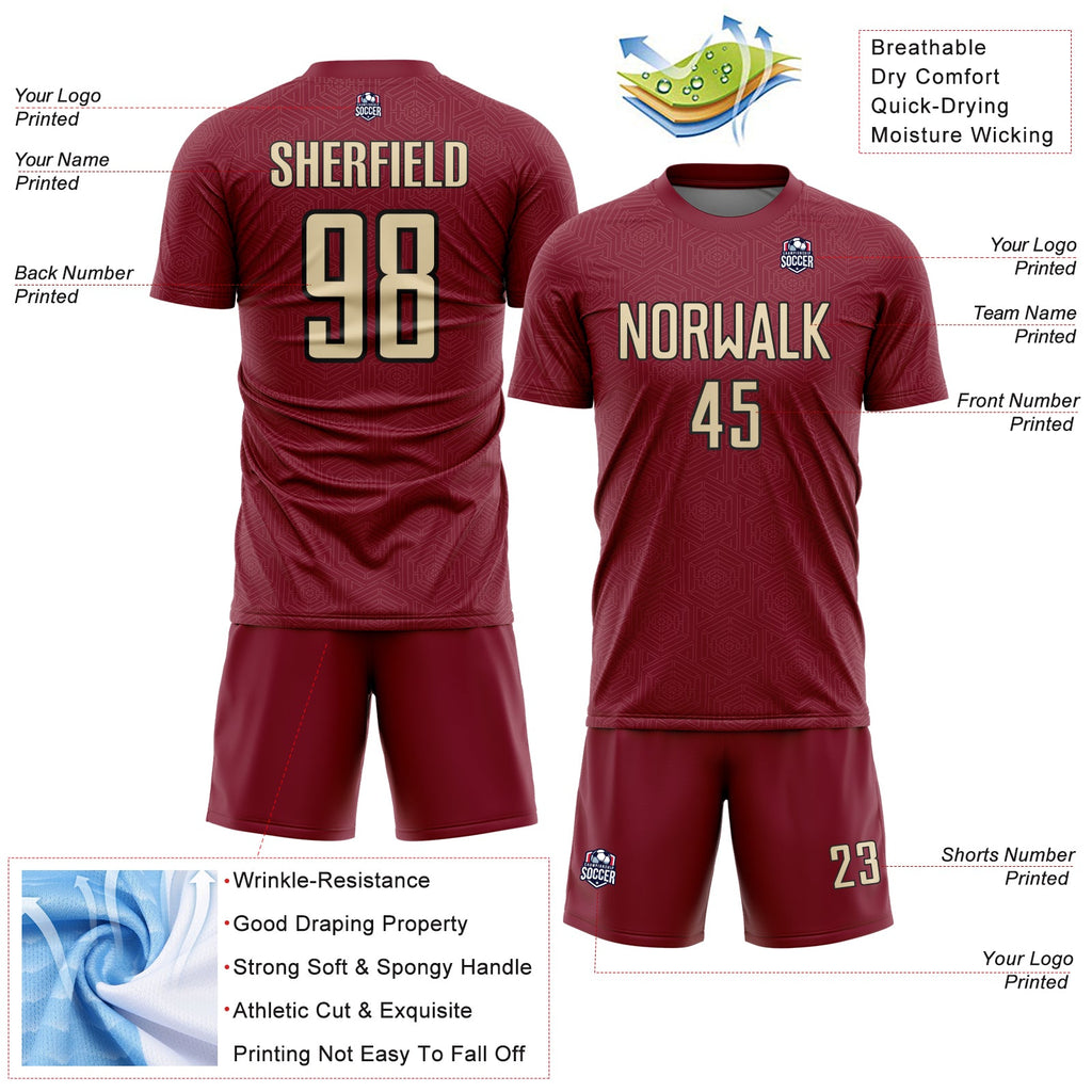 Custom Crimson Cream-Black Geometric Shape Sports Sublimation Soccer Uniform Jersey