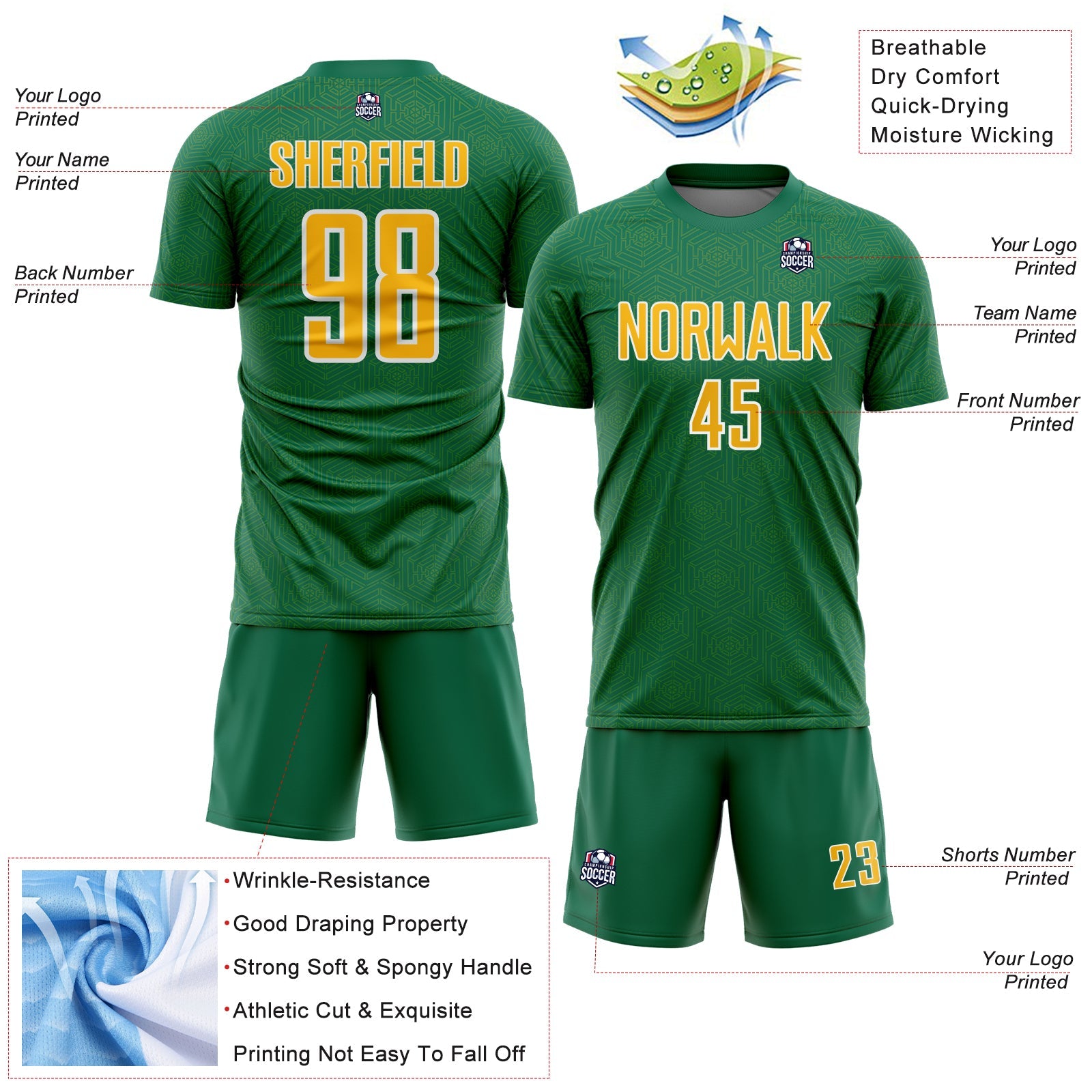 Custom Kelly Green Gold-White Geometric Shape Sports Sublimation Soccer Uniform Jersey