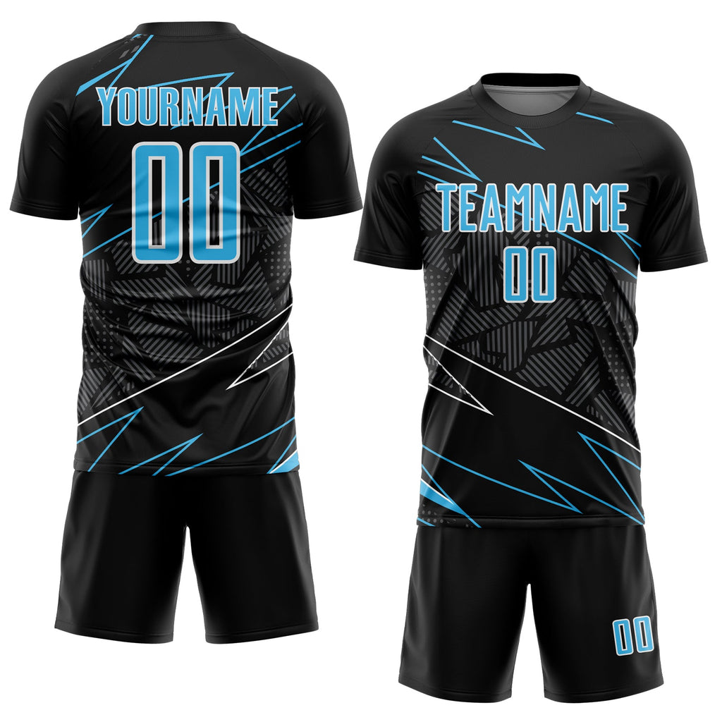 Custom Black Sky Blue-White Lines Sports Sublimation Soccer Uniform Jersey