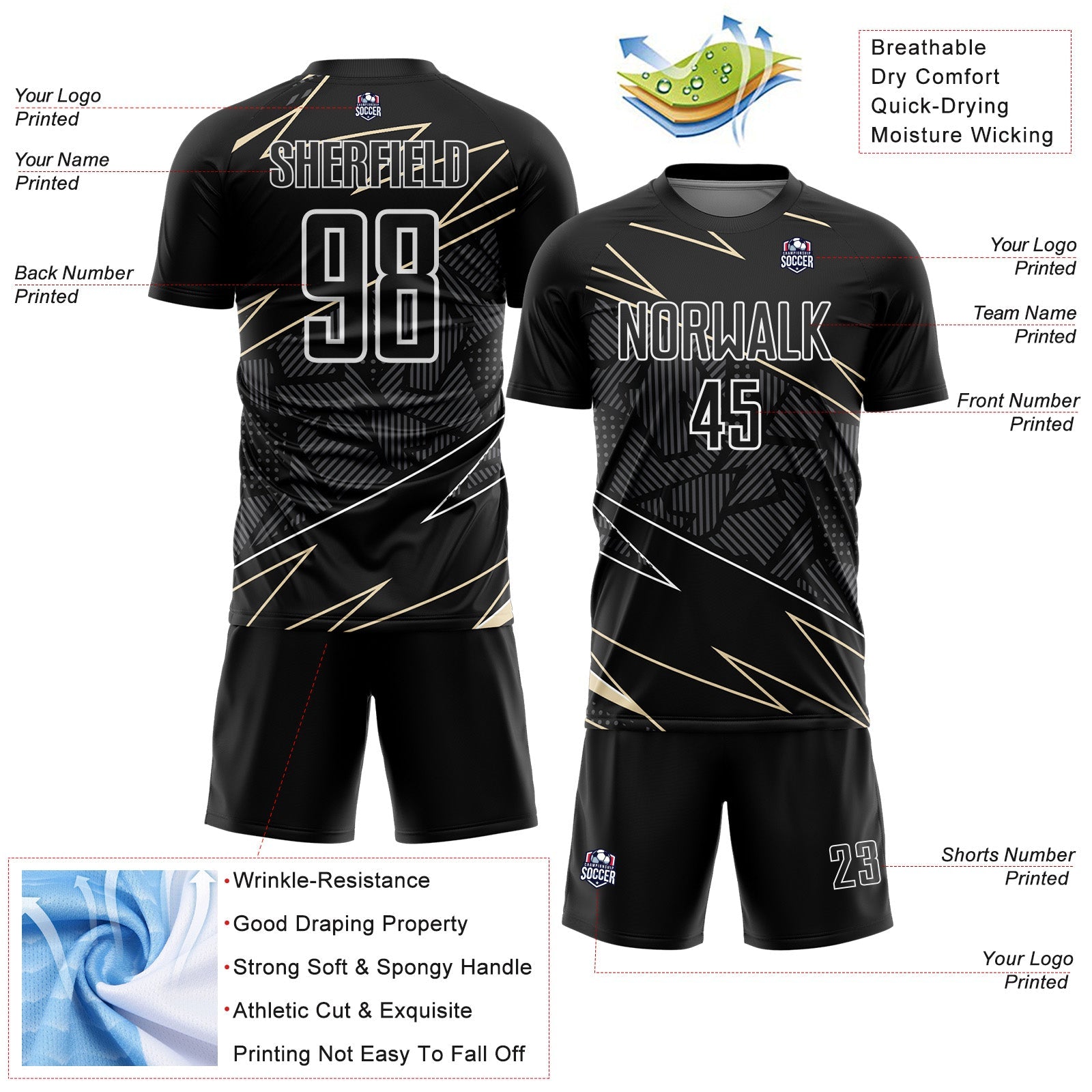 Custom Black Cream-White Lines Sports Sublimation Soccer Uniform Jersey