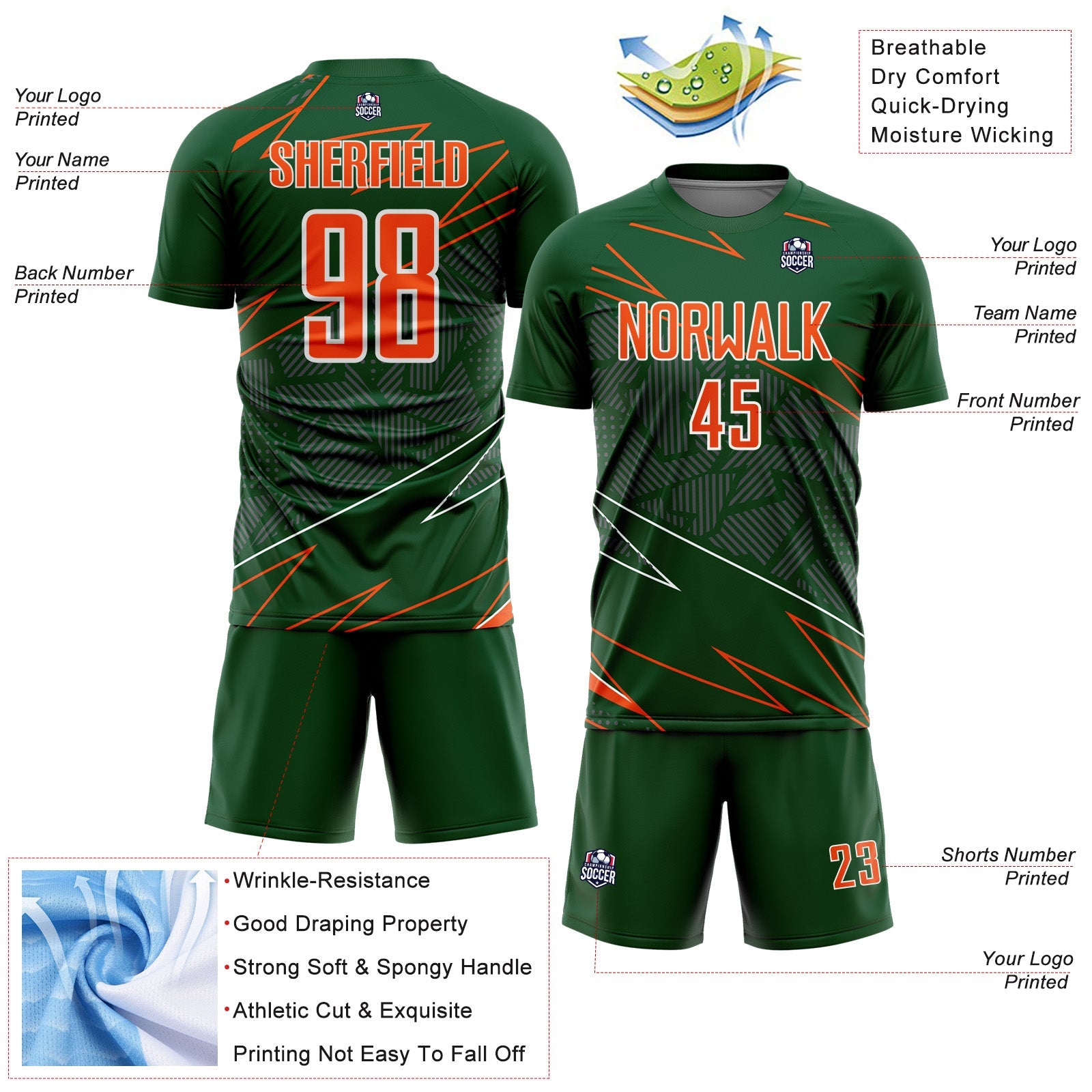 Custom Green Orange-White Lines Sports Sublimation Soccer Uniform Jersey