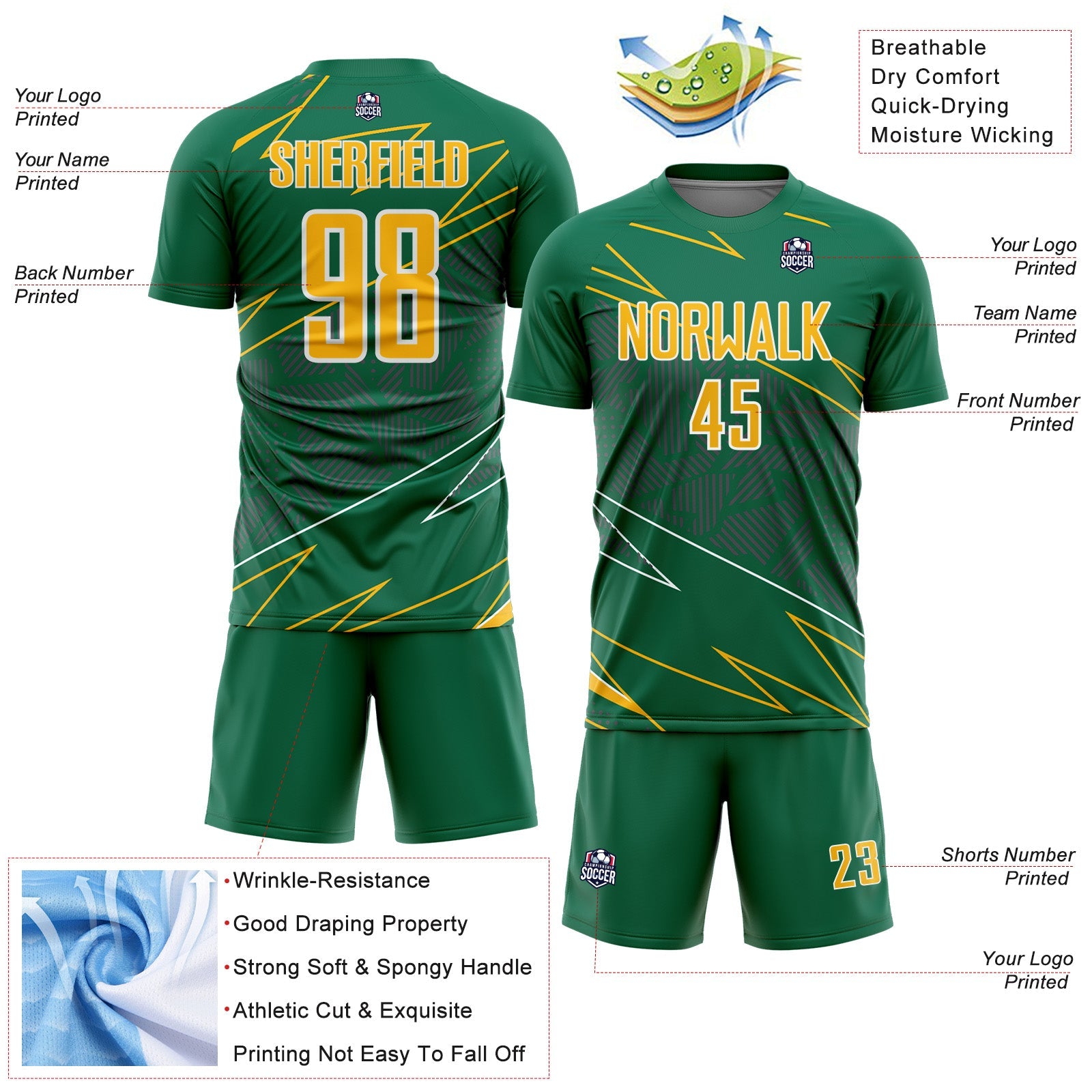 Custom Kelly Green Gold-White Lines Sports Sublimation Soccer Uniform Jersey