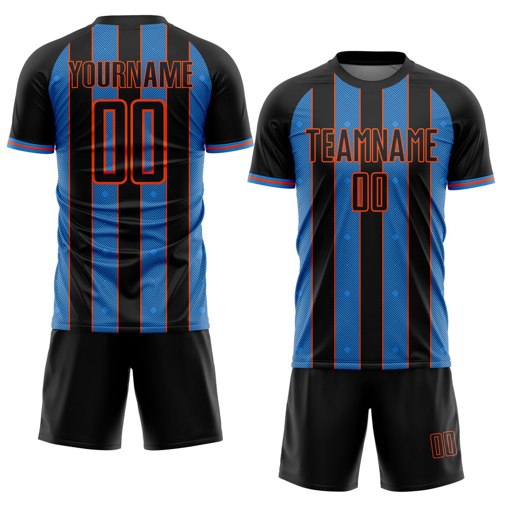 Custom Black Powder Blue-Orange Pinstripe Line Sports Sublimation Soccer Uniform Jersey
