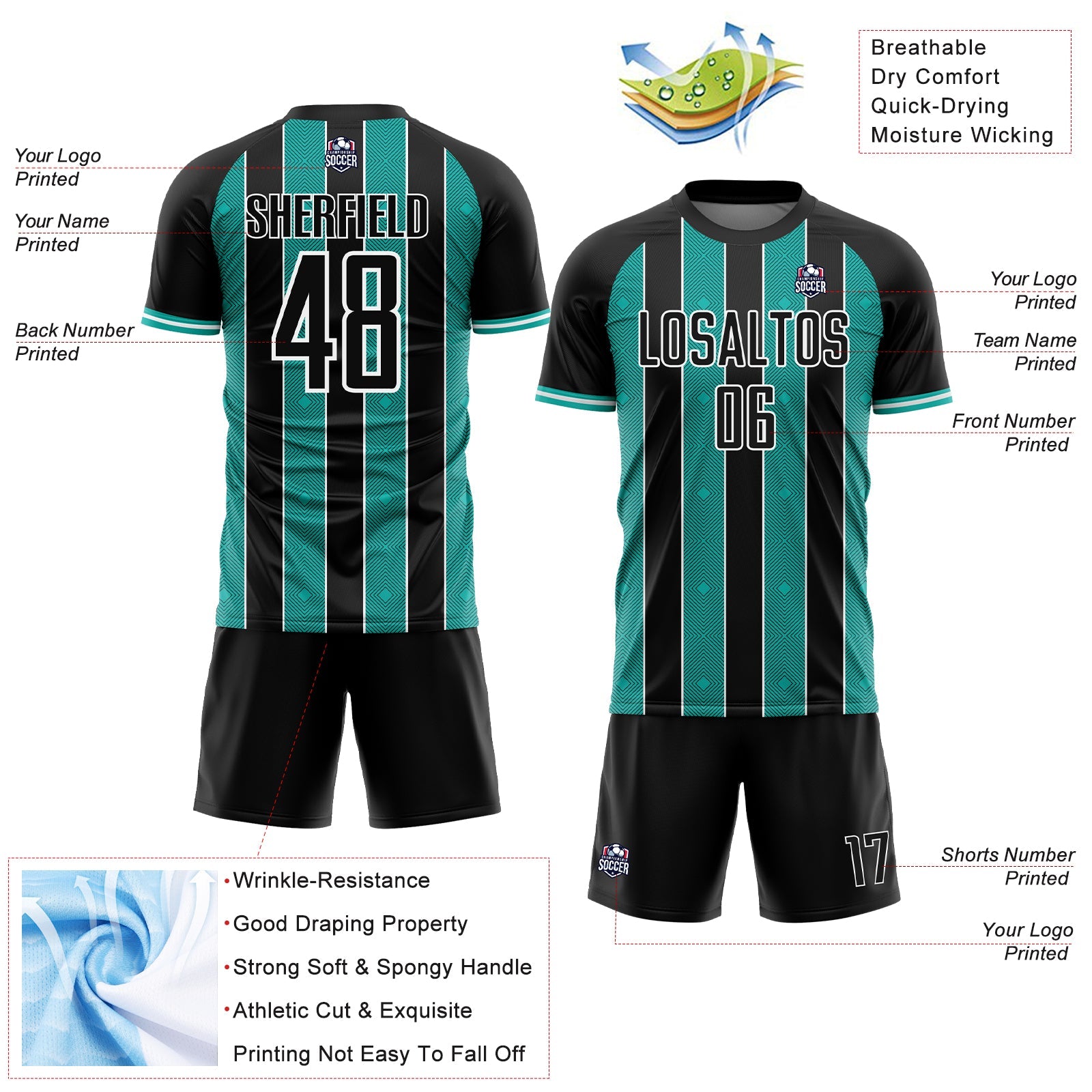 Custom Black Aqua-White Pinstripe Line Sports Sublimation Soccer Uniform Jersey