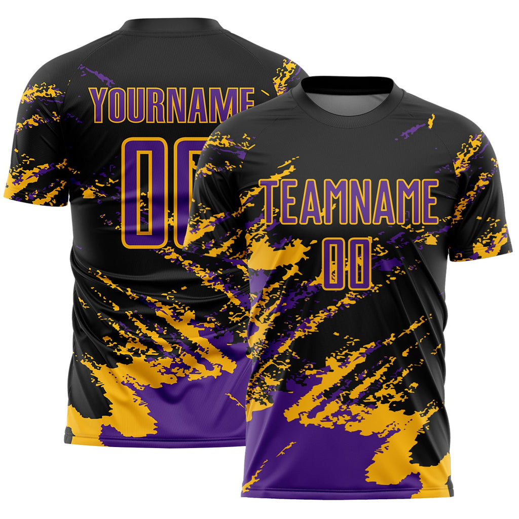 Custom Black Purple-Gold Abstract Fragment Art Splash Sports Sublimation Soccer Uniform Jersey
