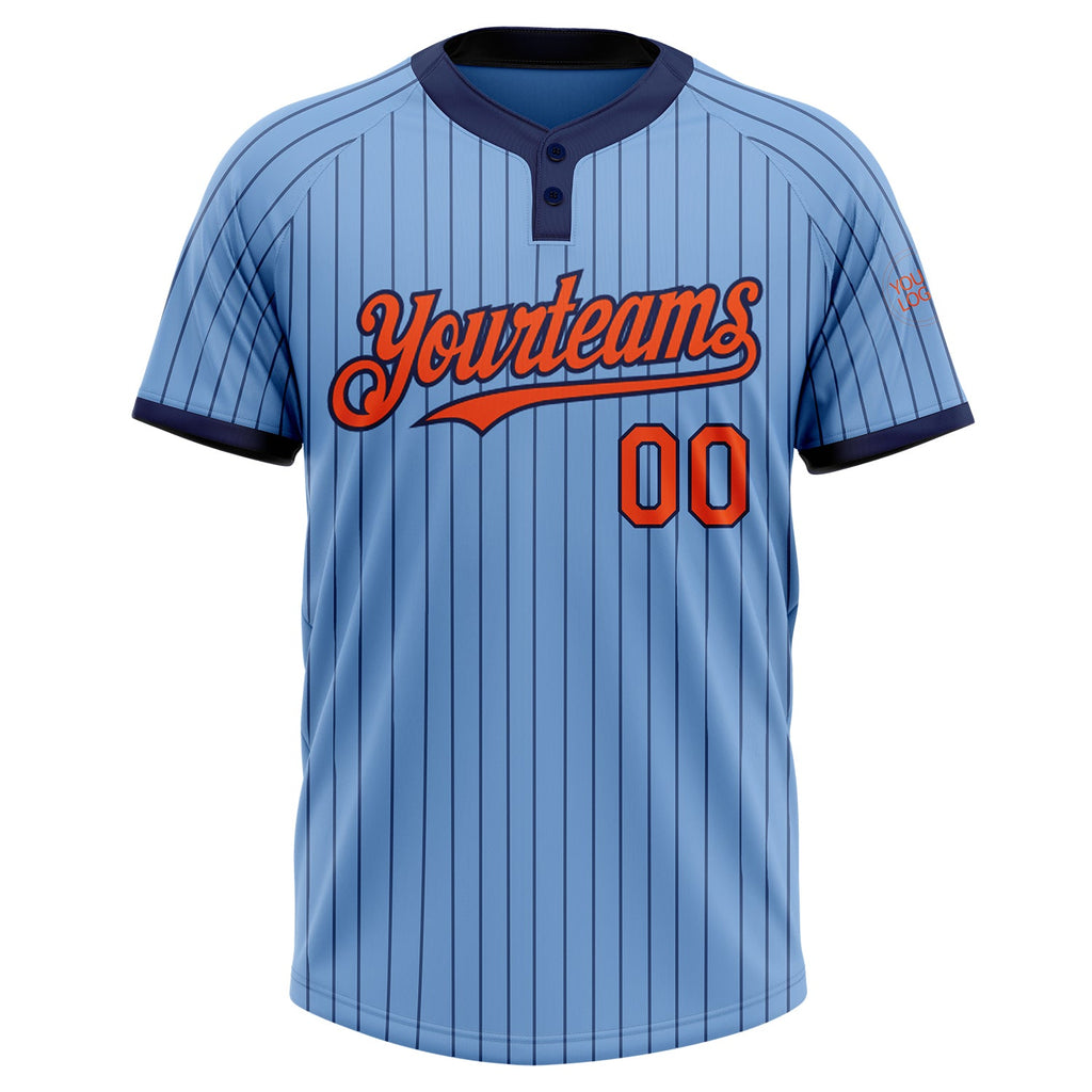 Custom Light Blue Navy Pinstripe Orange Two-Button Unisex Softball Jersey