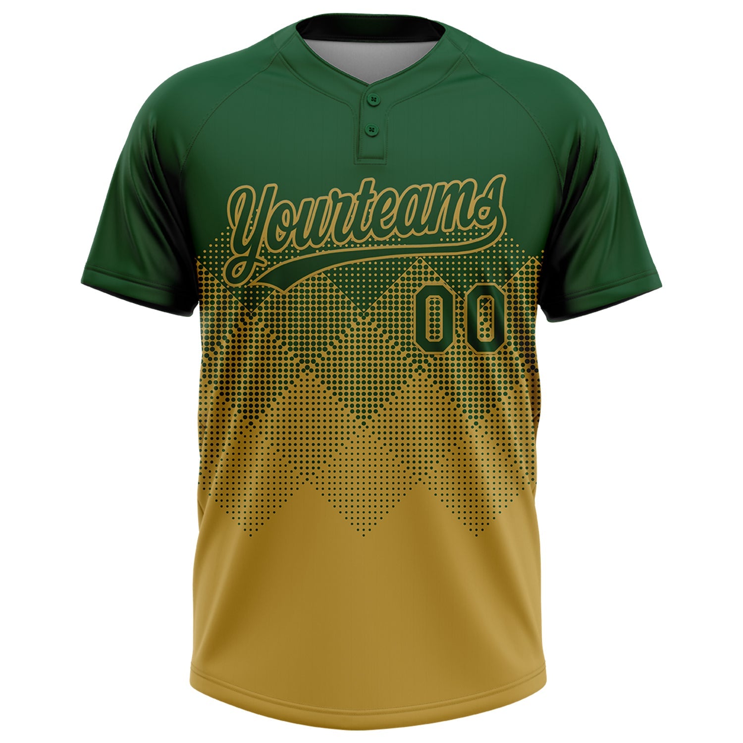 Custom Green Old Gold 3D Gradient Square Shape Two-Button Unisex Softball Jersey