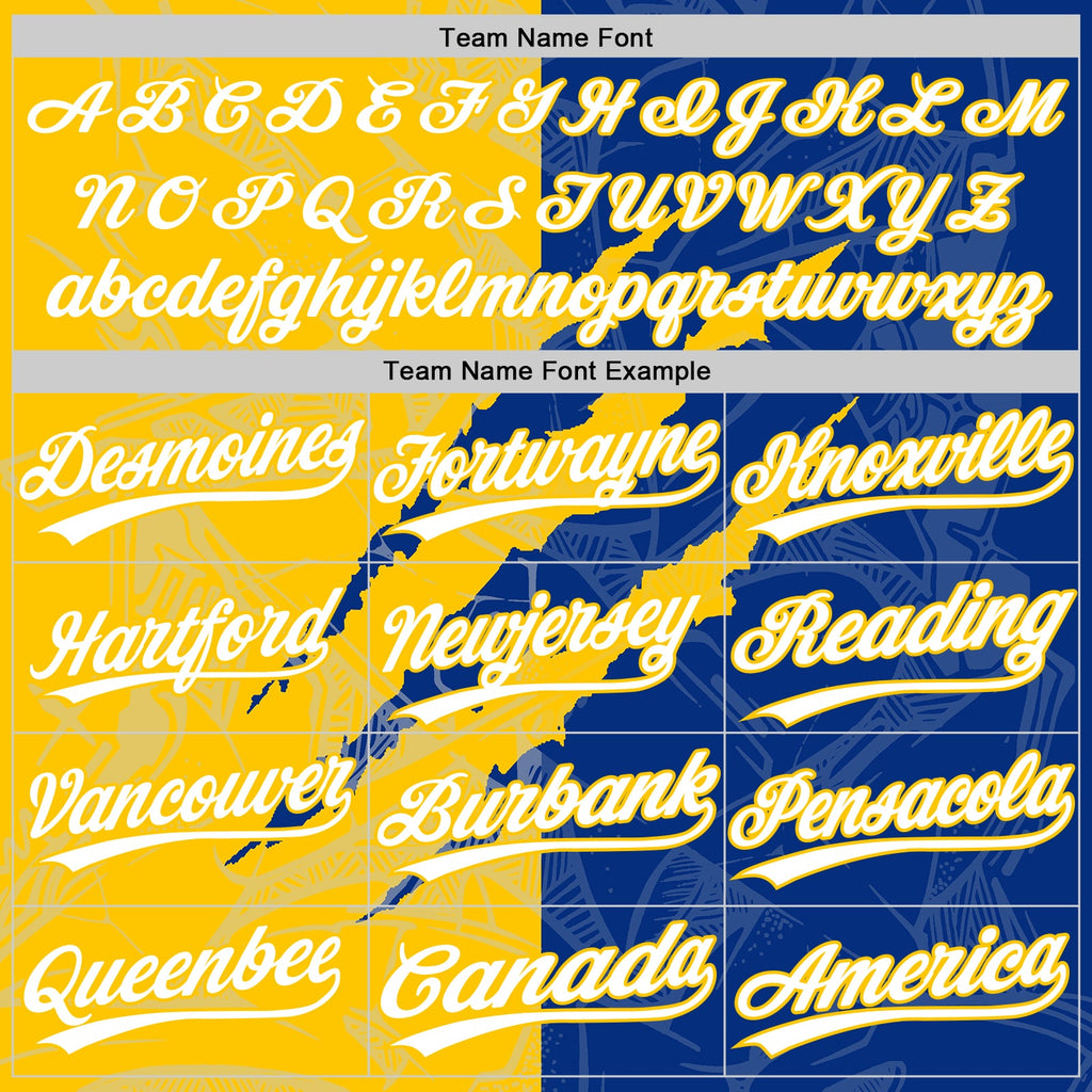 Custom Graffiti Pattern White Royal-Yellow 3D Scratch Two-Button Unisex Softball Jersey