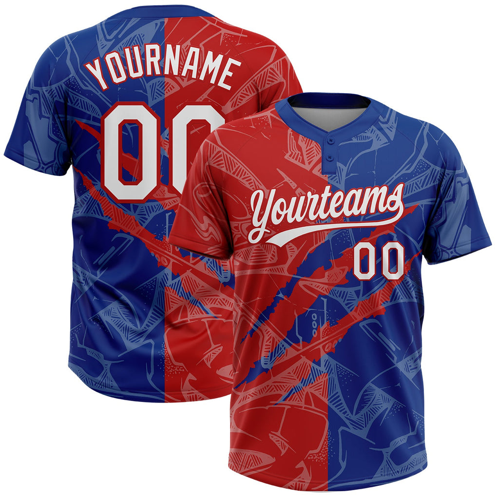 Custom Graffiti Pattern White Royal-Red 3D Scratch Two-Button Unisex Softball Jersey