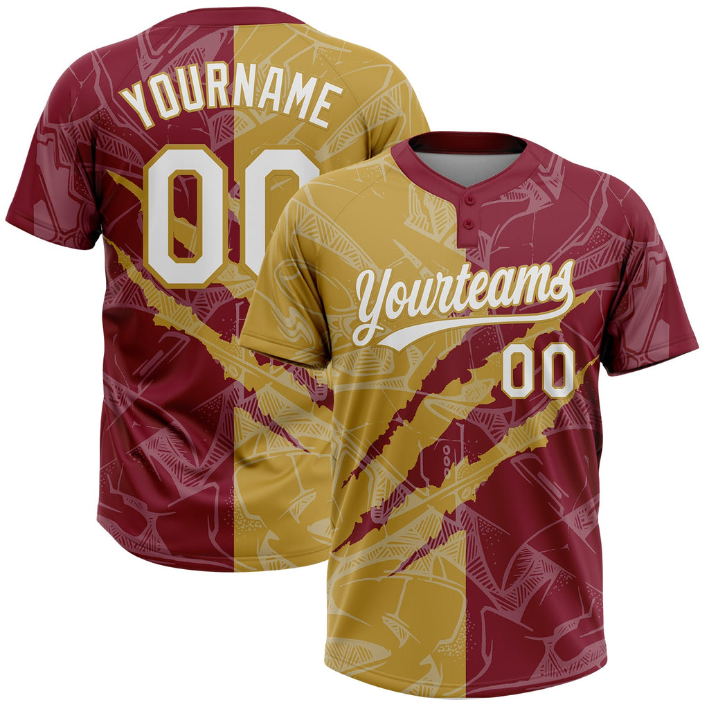 Custom Graffiti Pattern White Crimson-Old Gold 3D Scratch Two-Button Unisex Softball Jersey