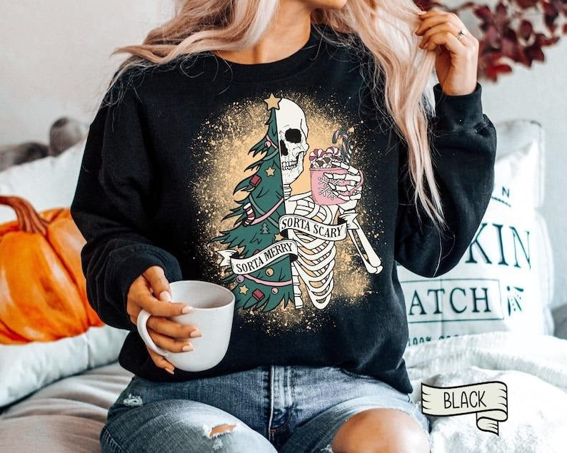 Sorta Merry Sorta Scary Funny Cute Spooky Season Custom Skeleton Funny T-Shirts