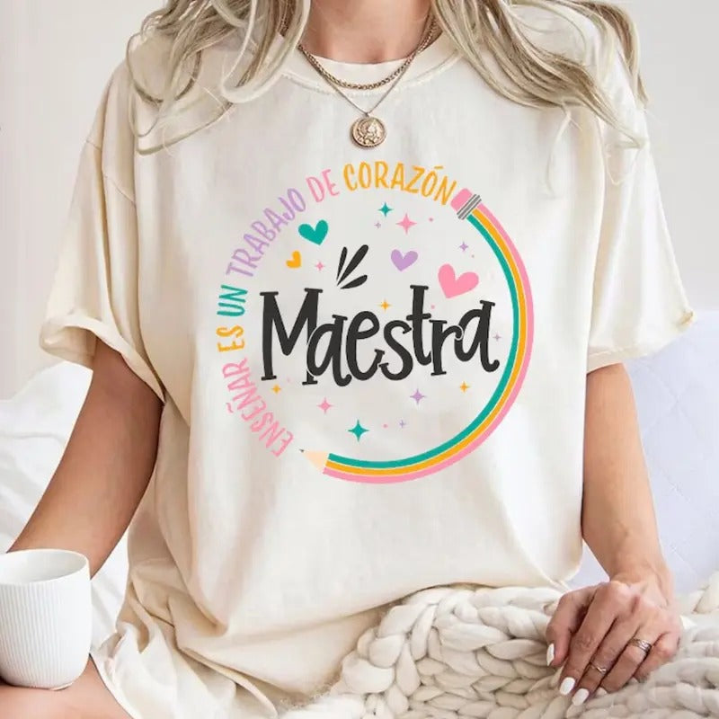 Spanish Teacher Rainbow Pencil Shirt Teach Shirt Faux Sequins Teacher Sparkly Shirt Maestra Shirt T-Shirts