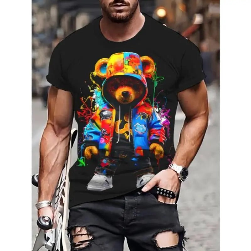 Bear Print Soft Breathable Polyester Machine Washable Round Neck Casual 3D Made USA T-Shirts