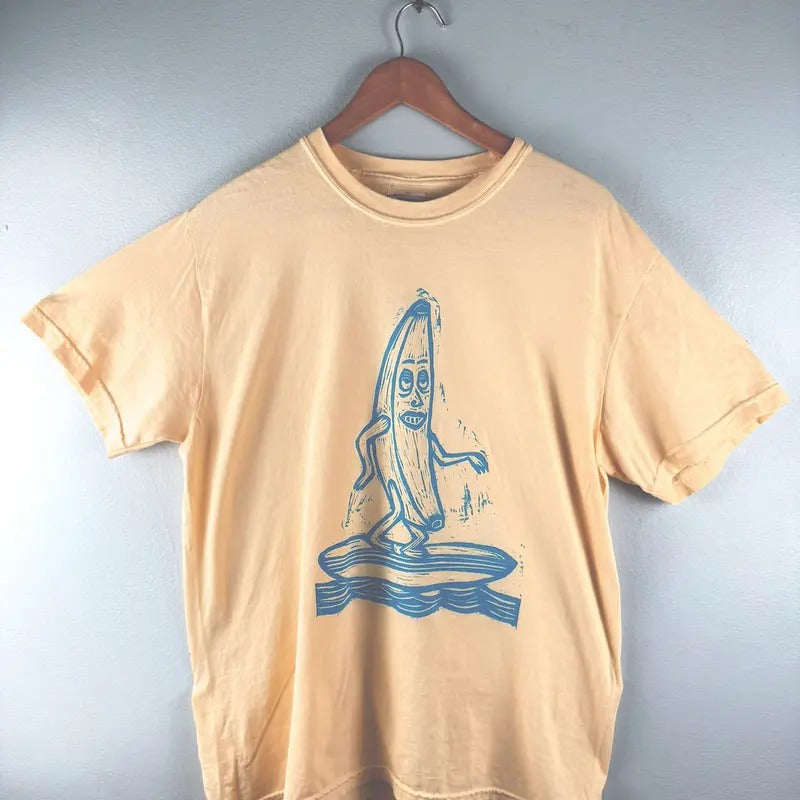 Surfing Banana Woodblock Hand Printed Cotton Menswear Top Graphics Minimalist Streetwear Casual T-Shirts