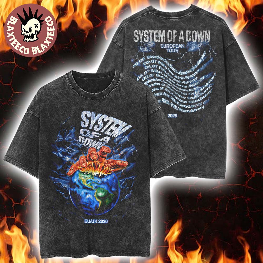 System Of A Down EU And UK 2026 Tour Merch The Hand Over Globe With Dates Back Vintage Washed Tee