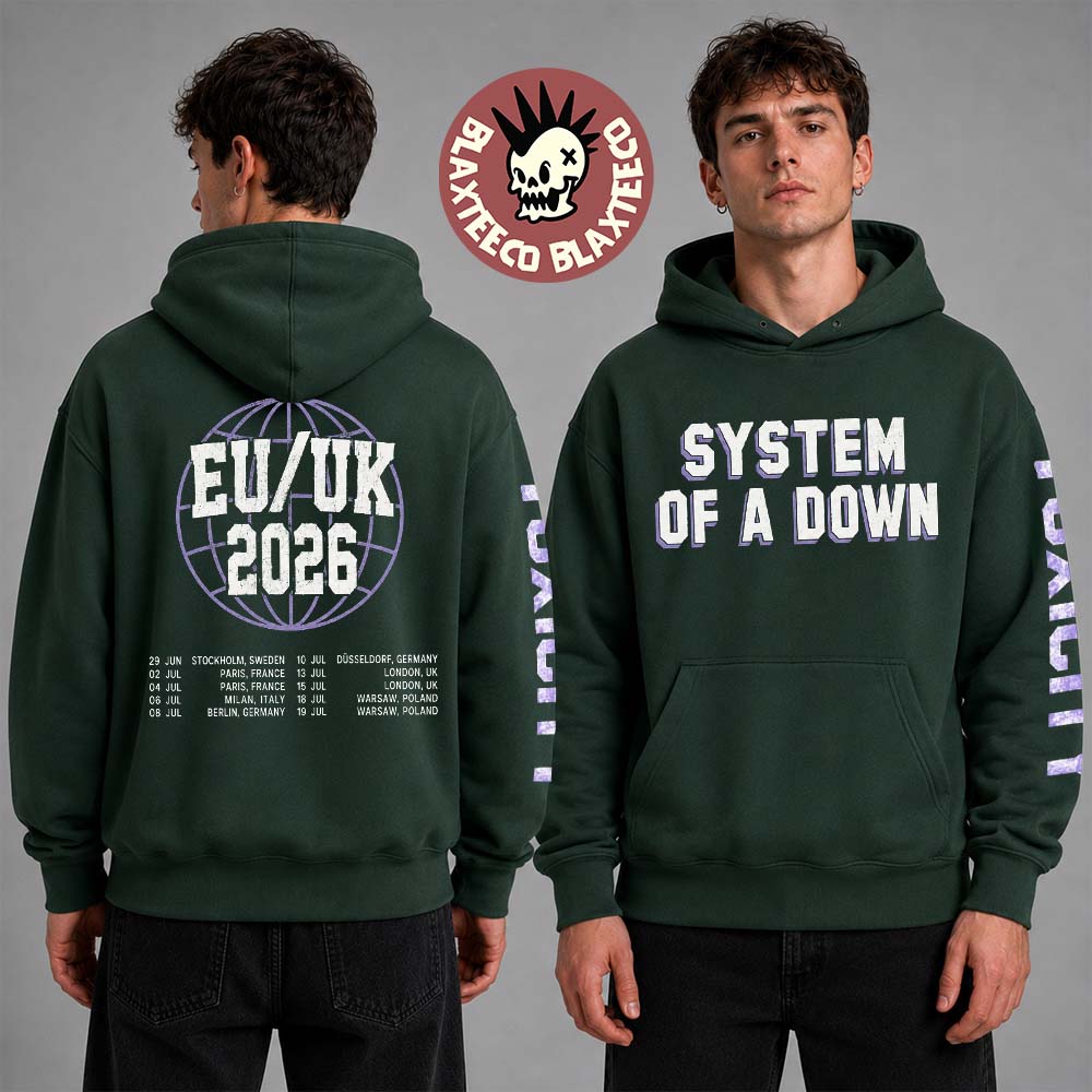 System Of A Down EU And UK 2026 Tour Merch Toxicity With Dates Back Green Hoodie