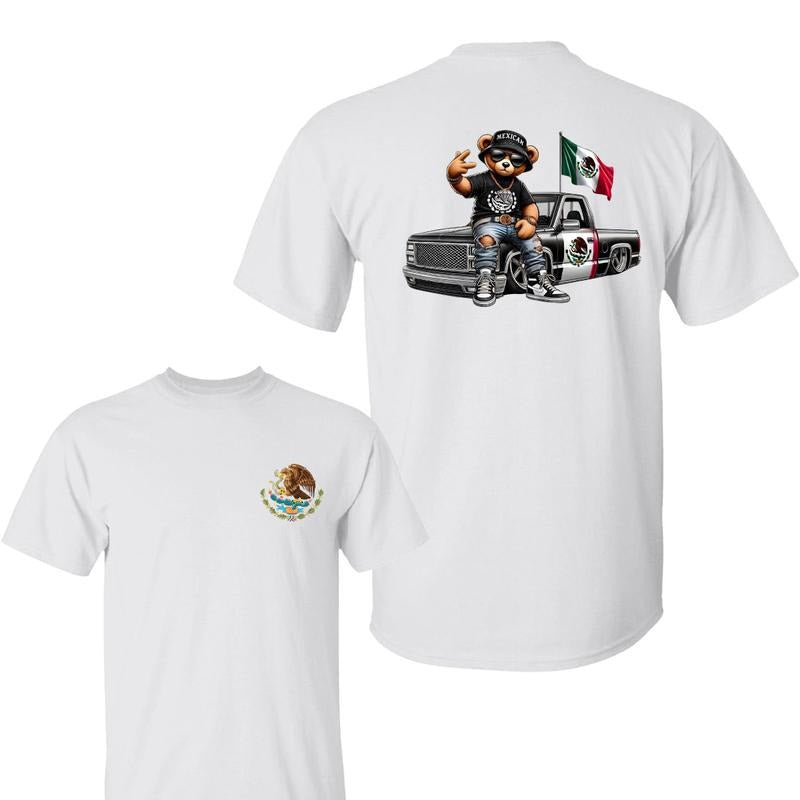 Teddy Bear Hip Hop Costume Mexican Flag 2 Sided Mexican Flag Bear Cartoon Shirt Woman Casual Top Menswear T-Shirts