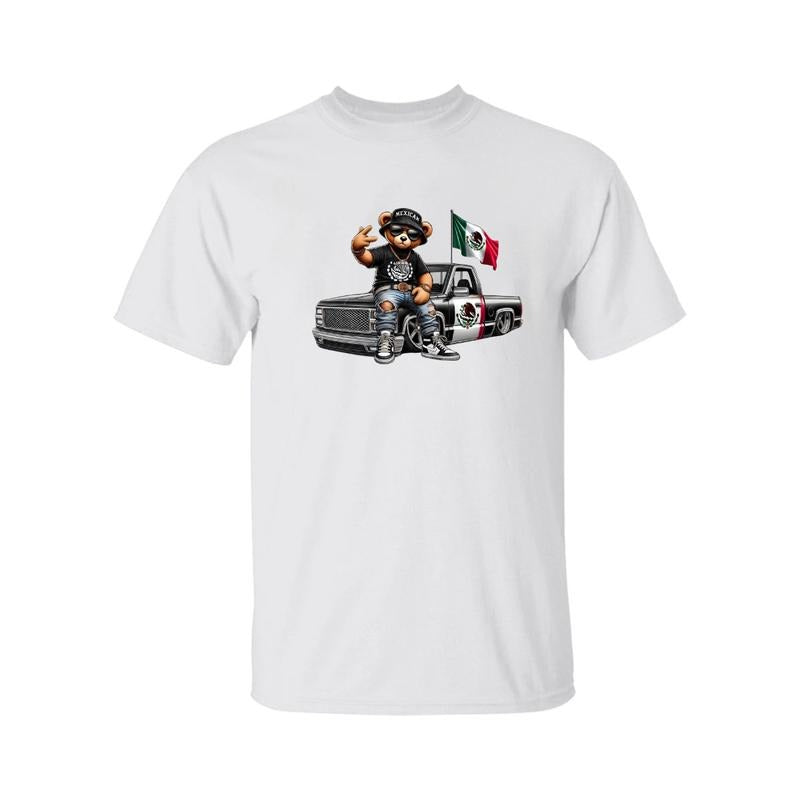 Teddy Bear Hip Hop Costume Mexican Flag Mexico Mexican Flag Bear Cartoon Bear Shirt Woman Casual Top Menswear T-Shirts