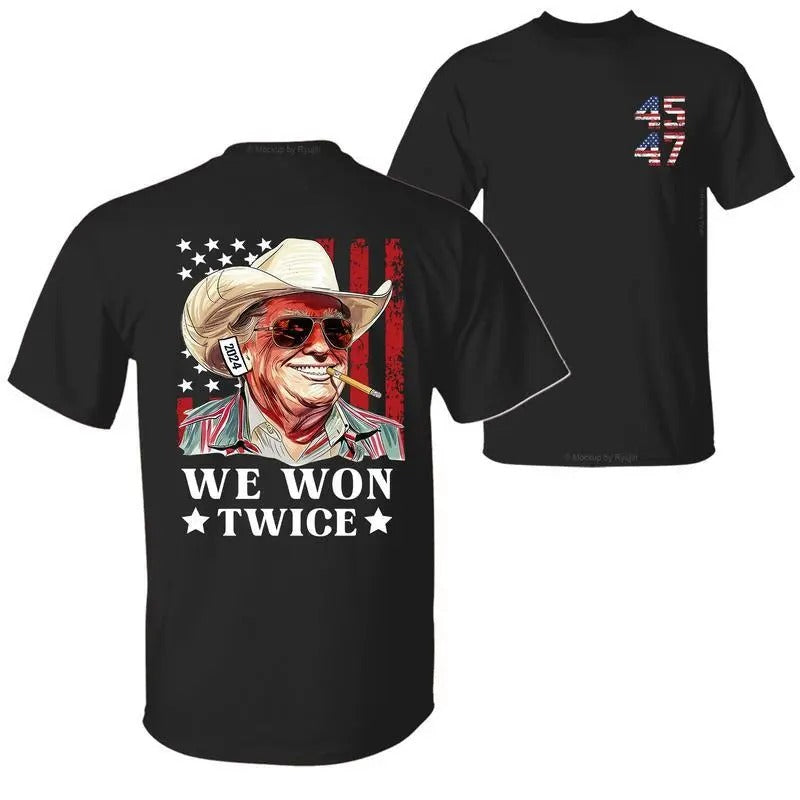Trump We Won Twice Get Over 2024 President 47th Shirt Trump Shirts Sale 2 Sided Printed Classic Cotton Fabric Menswear Top T-Shirts