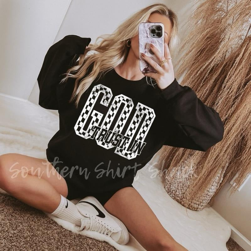 Trust God Checkered Black T-Shirts