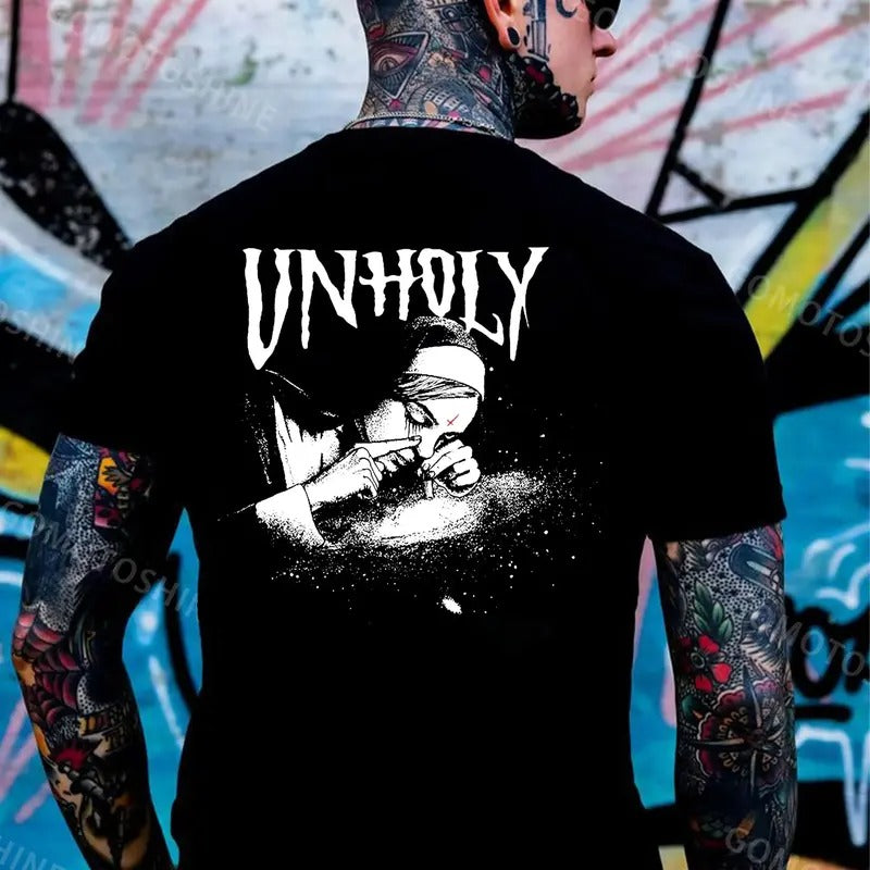 UNHOLY Nun Smoking Dark Black Print T-Shirts